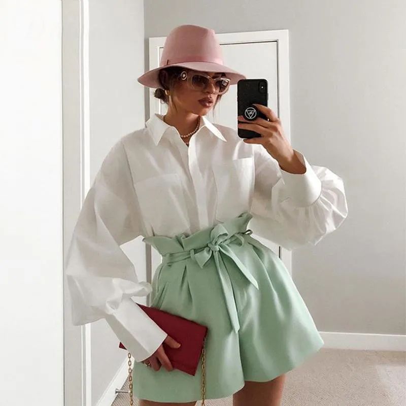 Women Two Piece Set Oversize Long Sleeve Blazer High Waist Tie Flare short pants