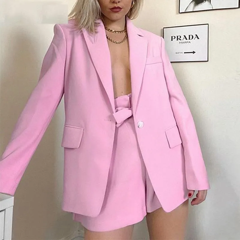 Women Two Piece Set Oversize Long Sleeve Blazer High Waist Tie Flare short pants