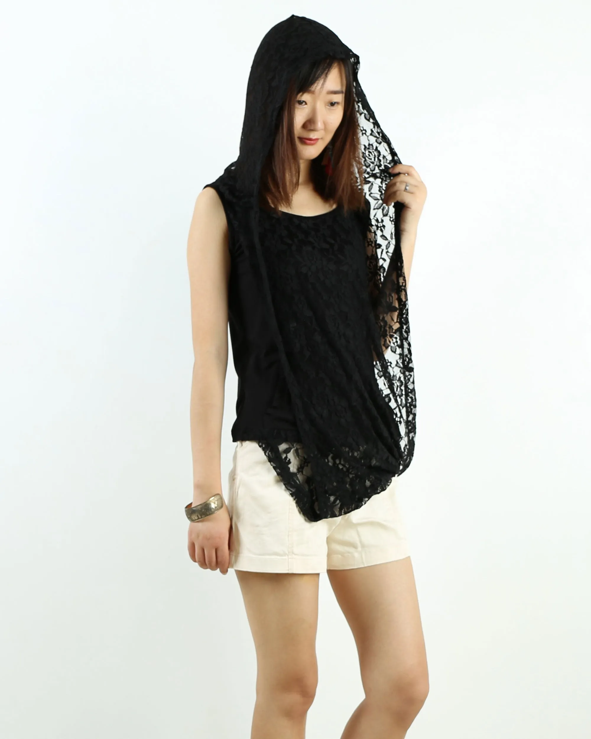Womens lace modal t-shirt, short sleeve hoodie top, customized T-shirt, asymmetry clothing, Boho t-shirt, Sleeveless top(Y3118S)