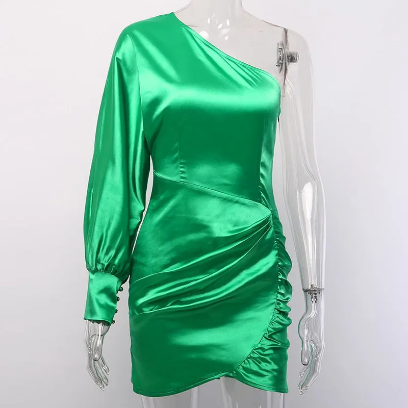 Women's One Shoulder Stretchy Satin Mini Dress
