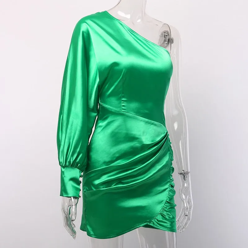 Women's One Shoulder Stretchy Satin Mini Dress