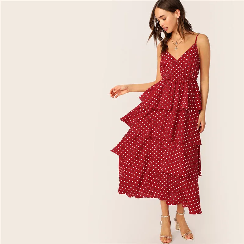 Women's Summer Polyester V-Neck Long Dress With Ruffles