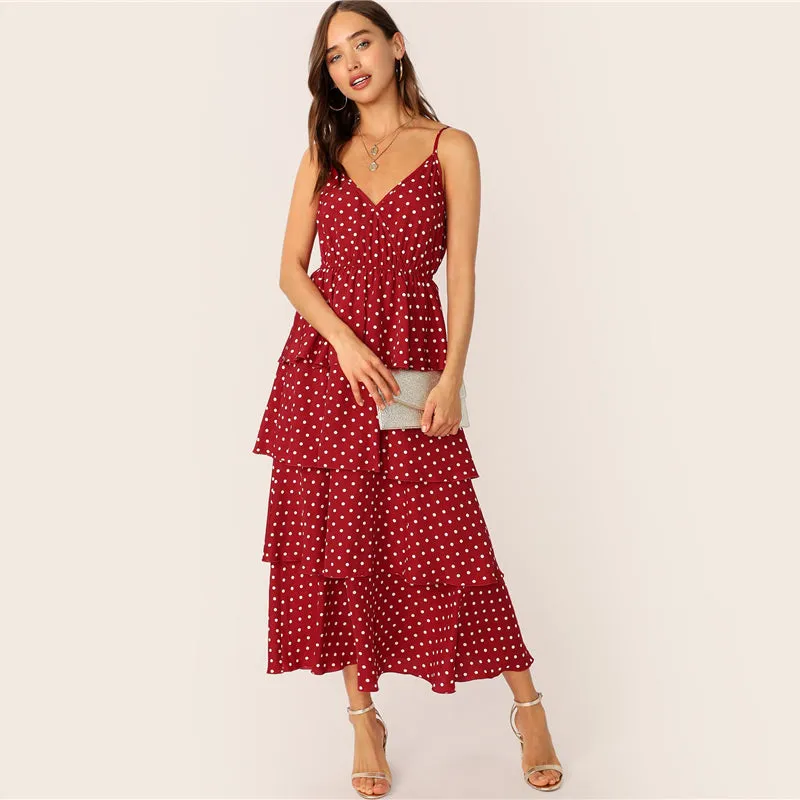 Women's Summer Polyester V-Neck Long Dress With Ruffles