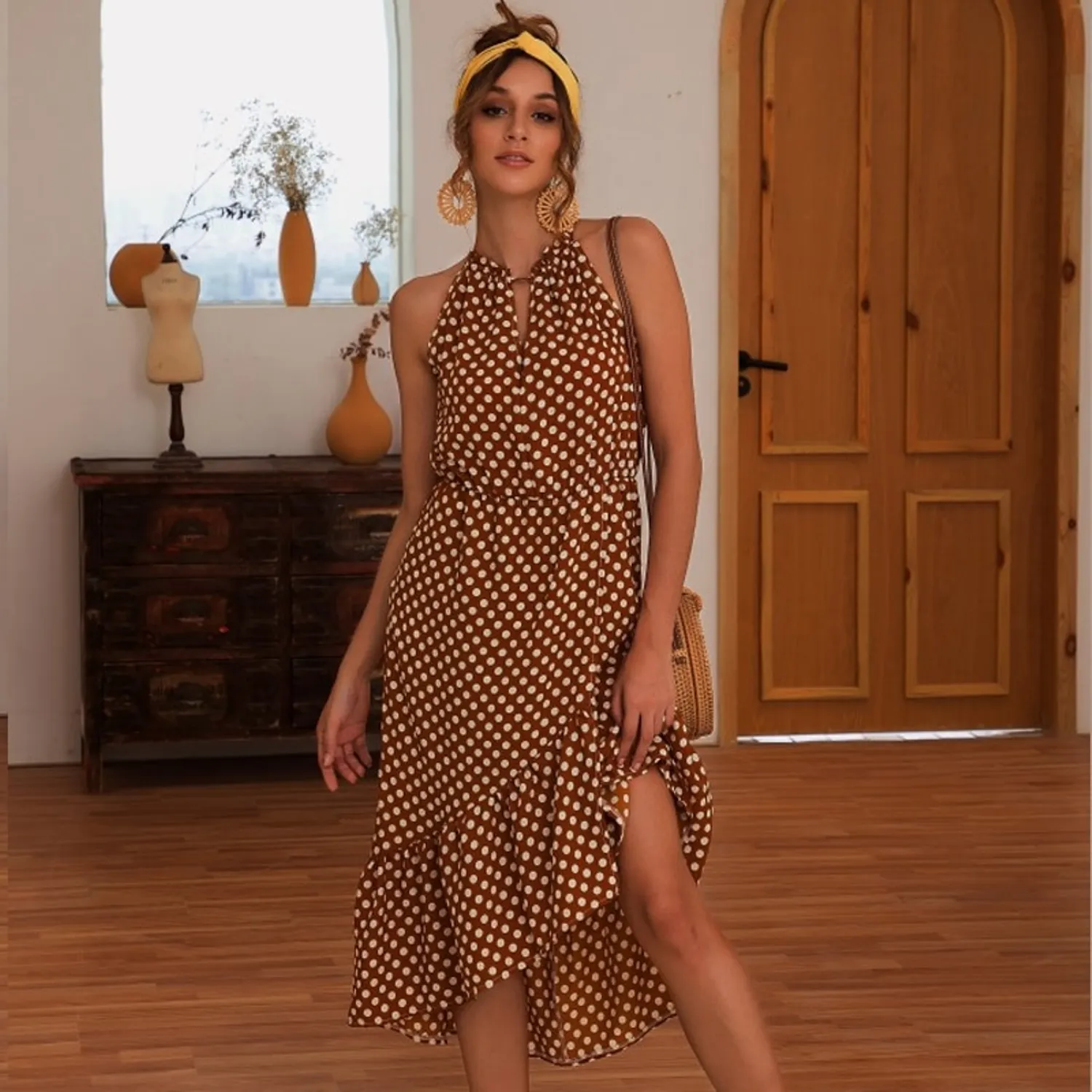 Women's Summer Sleeveless Midi Dress With Polka Dot Print