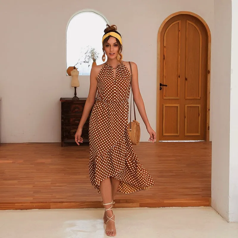 Women's Summer Sleeveless Midi Dress With Polka Dot Print