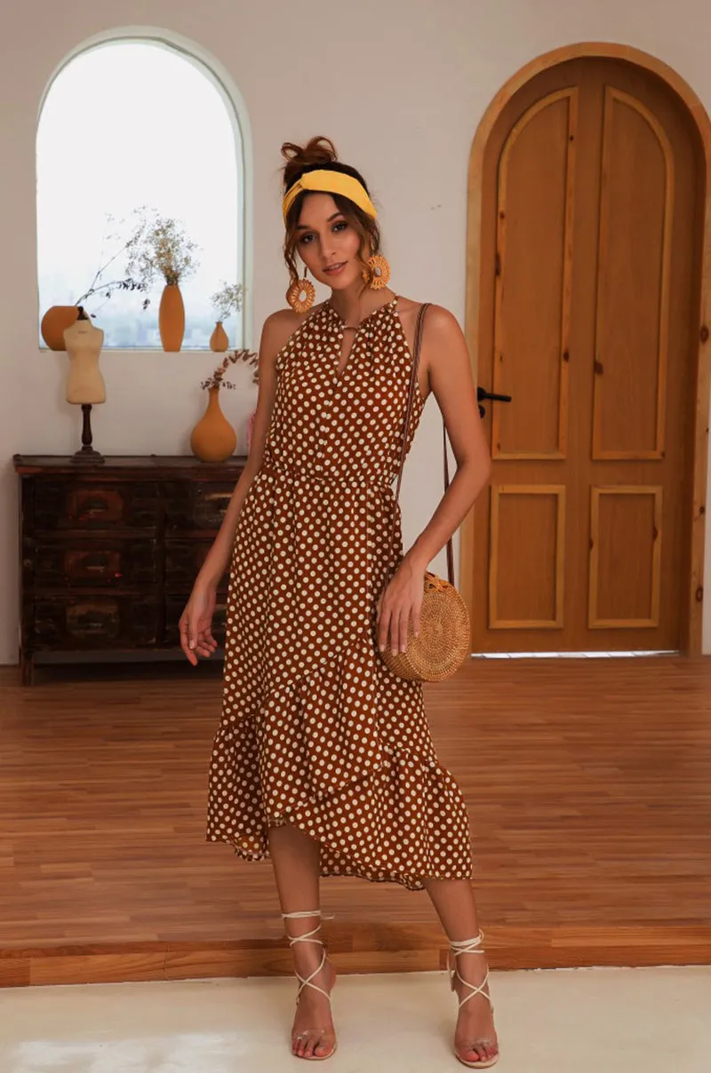 Women's Summer Sleeveless Midi Dress With Polka Dot Print