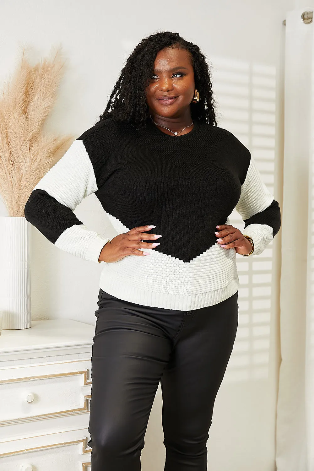 Woven Two-Tone Rib-Knit Sweater